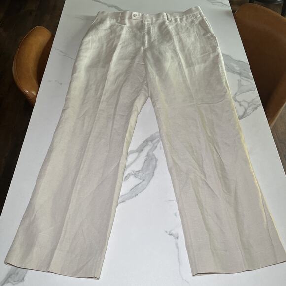 Louis Raphael LR2 Pants Mens 38x32 Beige Linen Blend Trousers Flat Front EUC - Picture 1 of 11